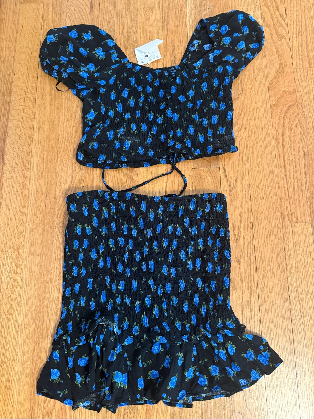 Bershka Black Two-Piece Set with Blue Floral Print